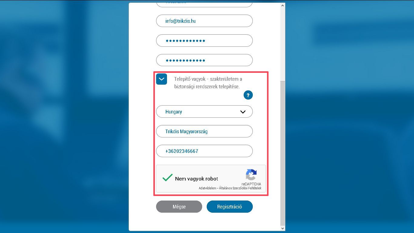 Protegus registration for installers: select area, company name and phone number
